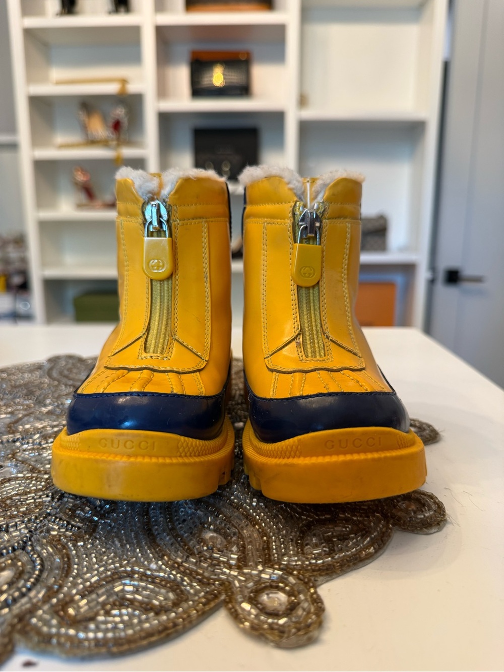 Gucci Unisex Kids Yellow Patent Wool Liner Ankle Rain Boots